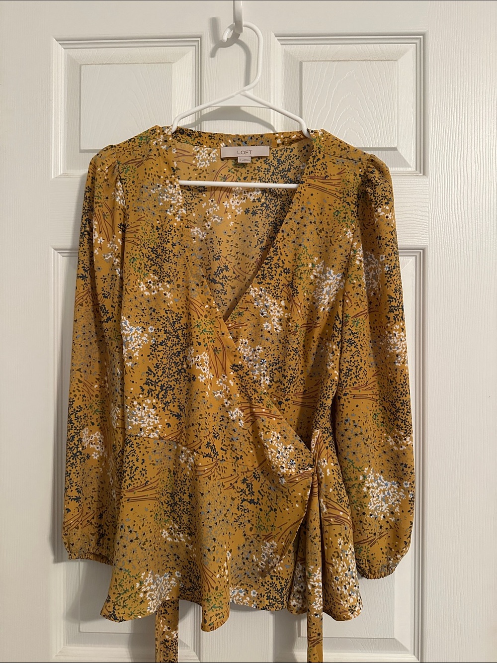 LOFT Mustard Floral Wrap Top with Tie Waist